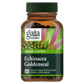 Brown bottle with green cap, labeled "Echinacea Goldenseal" by Gaia Herbs for immune support.
