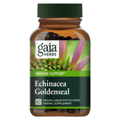 Brown bottle with green cap, labeled "Echinacea Goldenseal" by Gaia Herbs for immune support.