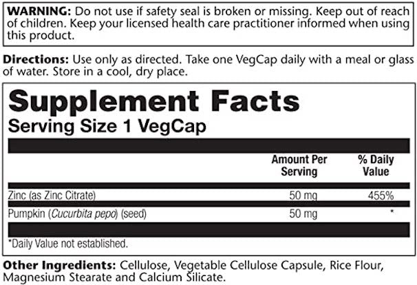 Solaray Citrate de zinc avec pépins de courge 50 mg