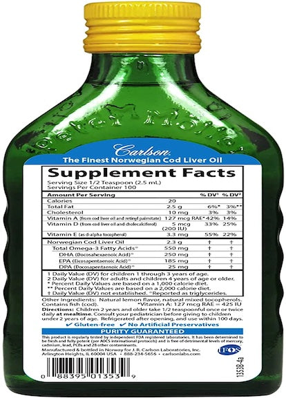Carlson Kid's Norwegian Cod Liver Oil- 8.4 fl oz Natural Lemon Flavor