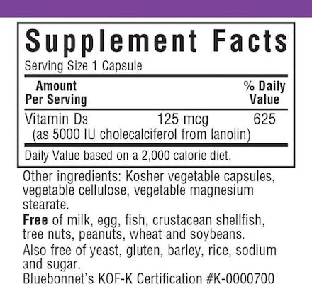 Bluebonnet Vitamine D3 5000 UI (125 mcg)