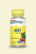 Solaray Fermented Beet supplement bottle with yellow label, green leaves, and beet illustration.