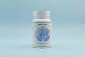 White pill bottle with blue logo on a light blue background. Contains 50 capsules, 500 mg each.