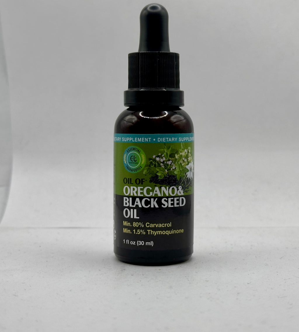 Dark bottle with dropper, green label, "Oil of Oregano & Black Seed," 1 fl oz, white background.