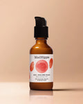Brown bottle with black pump, labeled "Mad Hippie AHA + BHA Milk Serum" on beige background.