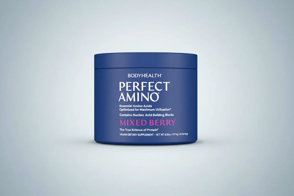 Blue container labeled "Perfect Amino Mixed Berry" with white and pink text on a light background.
