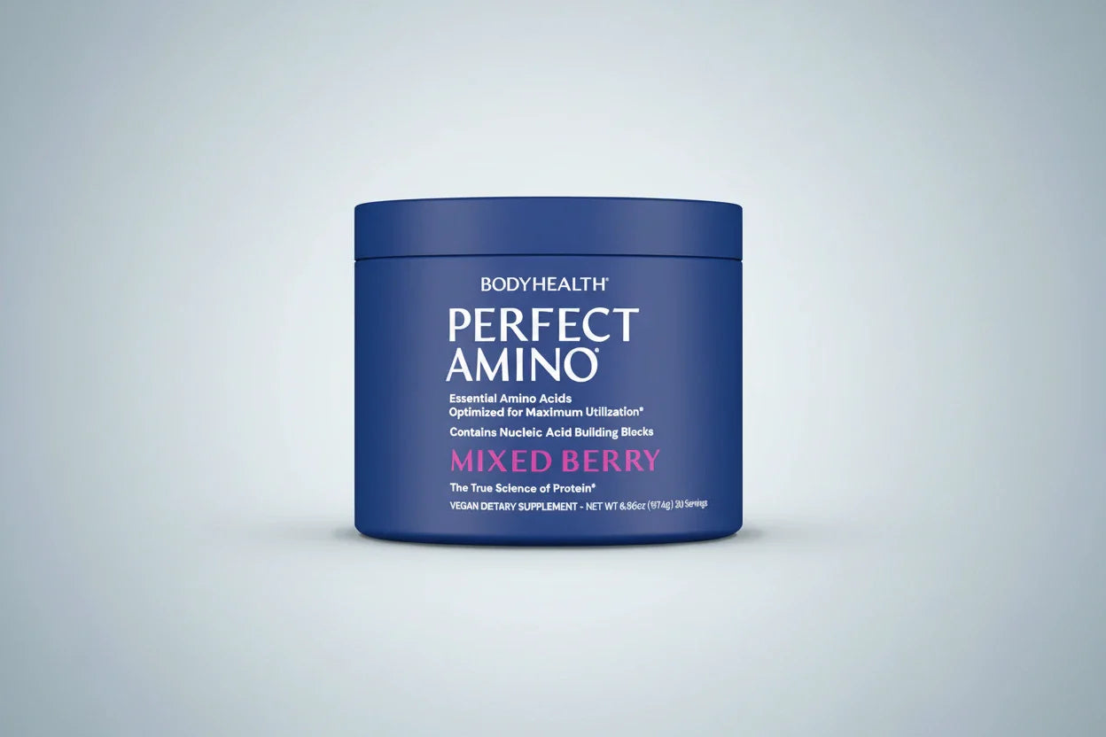 Blue container labeled "Perfect Amino Mixed Berry" with white and pink text on a light background.
